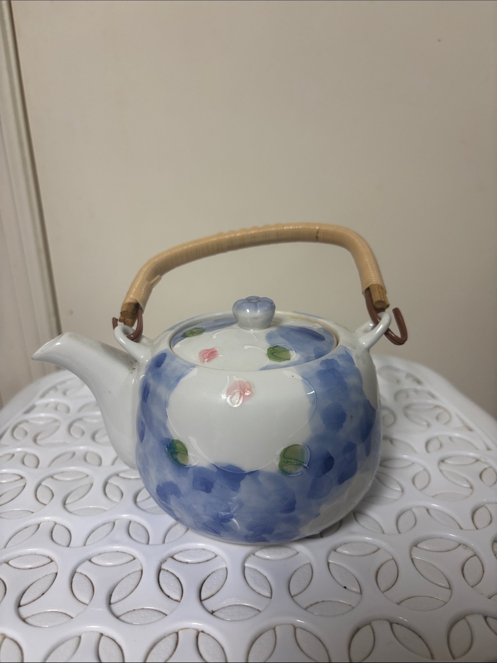 Hand-Painted Blue Floral Ceramic Teapot with faux Woven Handle